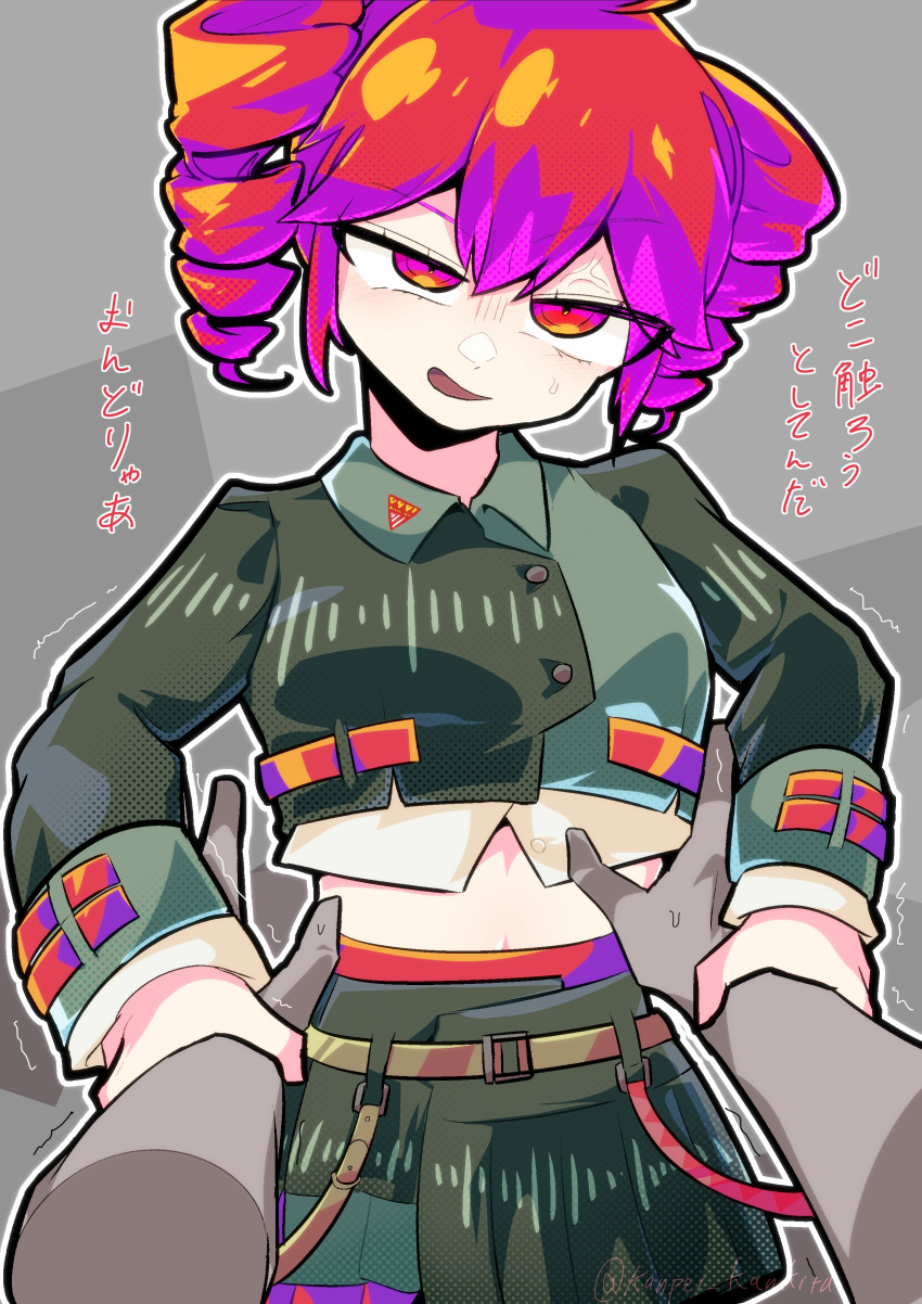 1boy, 1girl, absurdres, anger_vein, angry, belt, breasts, buttons, collared_jacket, cowboy_shot, crop_top, cropped_jacket, double-breasted, double-parted_bangs, drill_hair, green_jacket, green_skirt, grey_background, hair_between_eyes, highres, holding_hands, jacket, kanpei_kankitu, kasane_teto, kasane_teto_(voicepeak), long_sleeves, looking_at_viewer, medium_breasts, midriff, midriff_peek, open_mouth, pleated_skirt, reaching, reaching_towards_another, red_belt, red_eyes, red_hair, red_trim, shirt, shoulder_belt, skirt, sleeve_cuffs, twin_drills, twintails, utau, voicepeak, waveform, white_shirt, zipper_pull_tab
