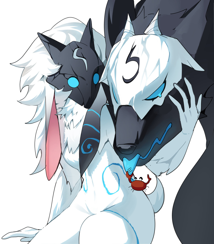 1girl, absurdres, animal, animal_ears, body_fur, breasts, colored_sclera, colored_skin, colored_tongue, commentary_request, crab, dubu_(dubus2), furry, furry_female, green_sclera, green_tongue, highres, horns, kindred_(league_of_legends), korean_commentary, lamb_(league_of_legends), league_of_legends, long_hair, mask, sheep_ears, sheep_tail, simple_background, sitting, tail, tongue, tongue_out, white_background, white_fur, white_hair, white_skin, wolf_(league_of_legends)