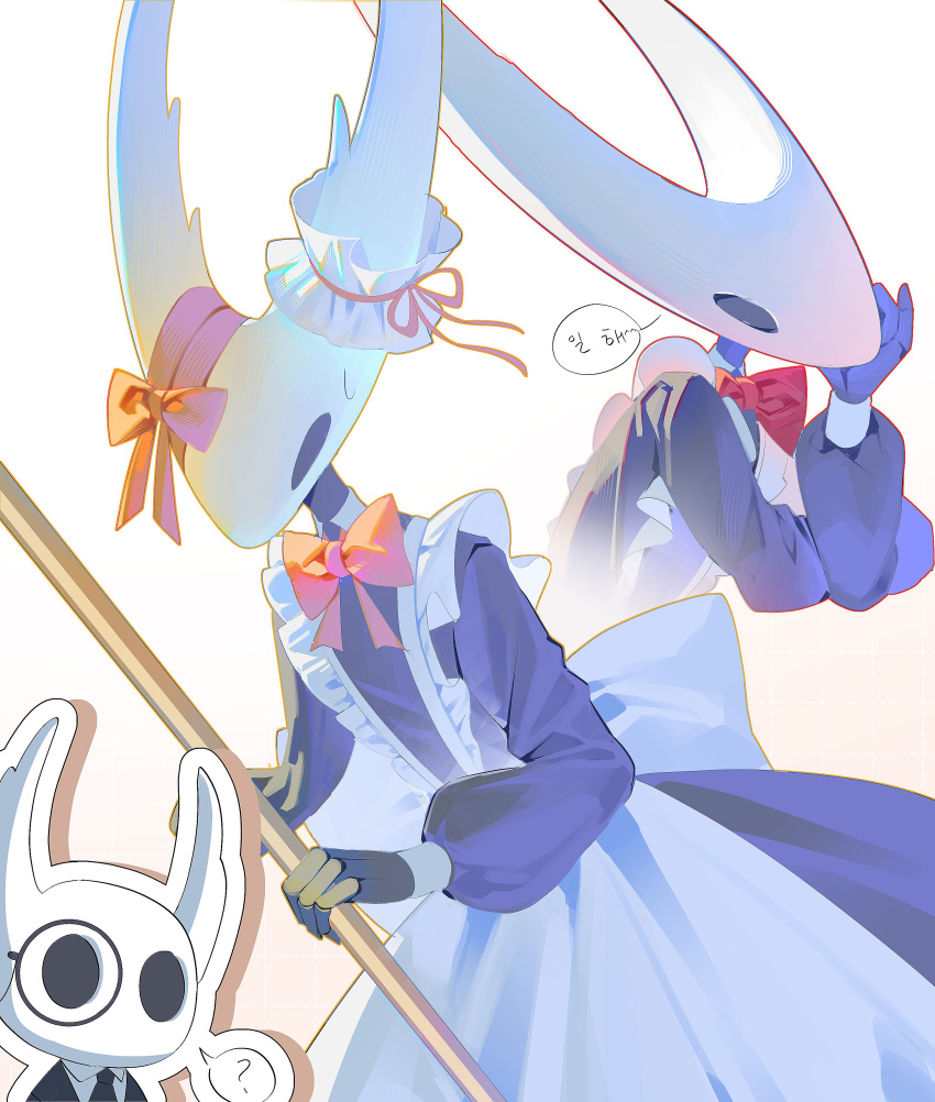 2others, ?, absurdres, apron, black_dress, black_eyes, bow, bowtie, dress, dubu_(dubus2), enmaided, highres, holding, hollow_eyes, hollow_knight, hollow_knight_(character), knight_(hollow_knight), long_sleeves, maid, maid_apron, maid_headdress, monocle, multiple_others, red_bow, red_bowtie, simple_background, speech_bubble, spoken_question_mark, translation_request, white_apron, white_background
