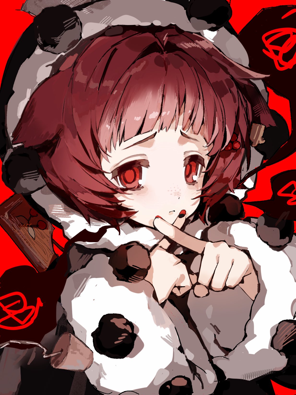 1girl, blunt_bangs, closed_mouth, fur-trimmed_hood, fur-trimmed_sleeves, fur_trim, hands_up, hashtag-only_commentary, highres, hood, hood_up, index_fingers_raised, looking_at_viewer, mahou_shoujo_ikusei_keikaku, nail_polish, red_background, red_eyes, red_hair, short_hair, solo, upper_body, ururu_(mahoiku), wei_er_chenxing, x_fingers