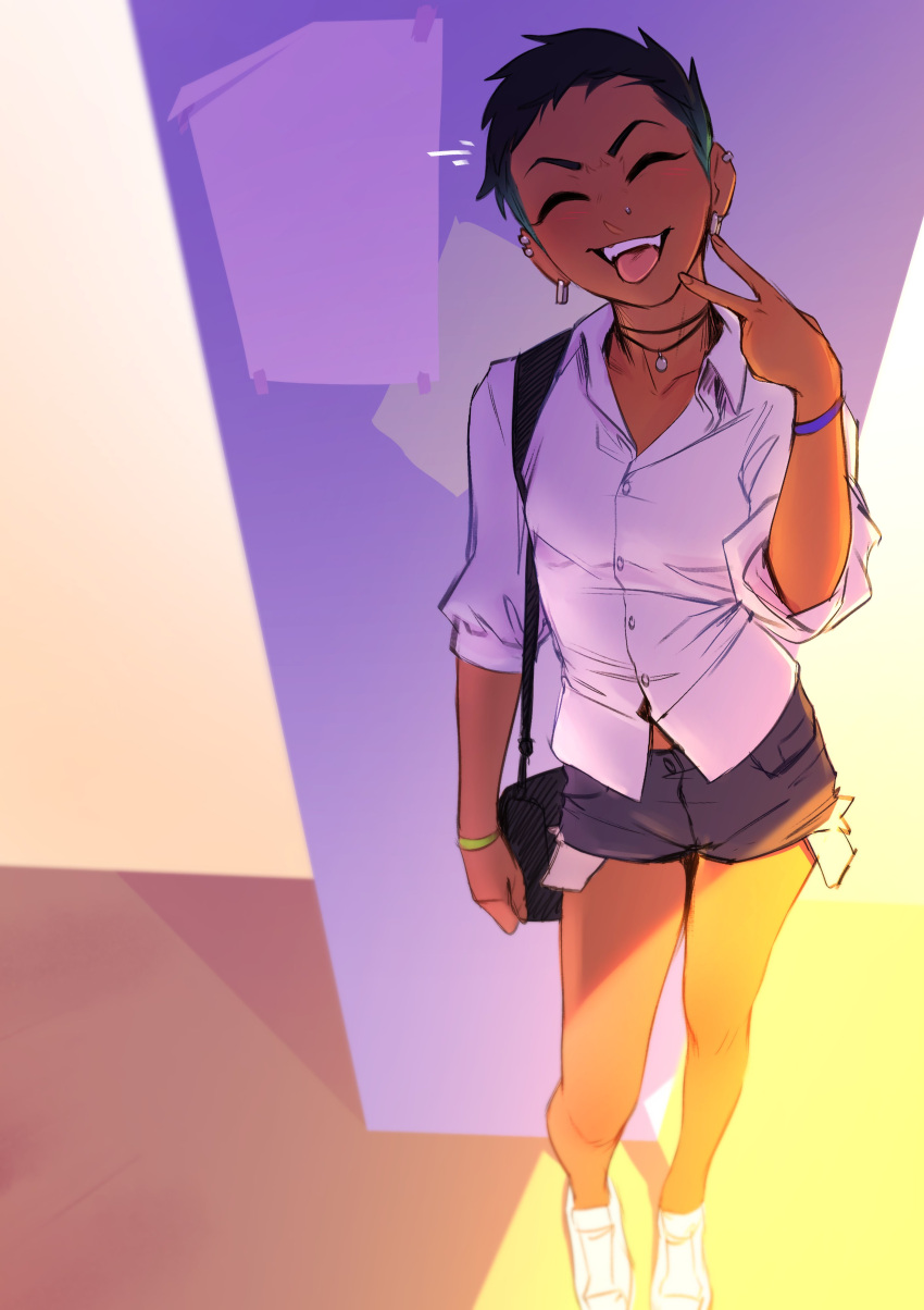 1girl, absurdres, bag, black_hair, blush, bracelet, closed_eyes, dress_shirt