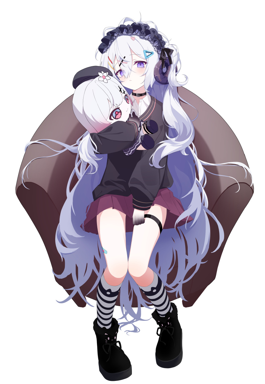 1girl, absurdres, bags_under_eyes, bandaid, bandaid_on_leg, black_boots, black_cardigan, black_choker, black_hairband, blush, boots, cardigan, chair, character_doll, choker, closed_eyes, collared_shirt, commentary_request, doll, double-parted_bangs, frilled_hairband, frills, full_body, hair_between_eyes, hair_ornament, hairband, hairclip, highres, holding, holding_doll, horns, kneehighs, knees_together_feet_apart, korean_commentary, lace-trimmed_hairband, lace-up_boots, lace_trim, lolita_hairband, long_hair, long_sleeves, looking_at_viewer, mahou_shoujo_no_majo_saiban, momip, natsume_an-an, on_chair, open_collar, sakuraba_ema, sheep_horns, shirt, simple_background, sitting, socks, solo, spoilers, striped_clothes, striped_socks, very_long_hair, violet_eyes, white_background, white_hair, white_shirt, witch_(manosaba)