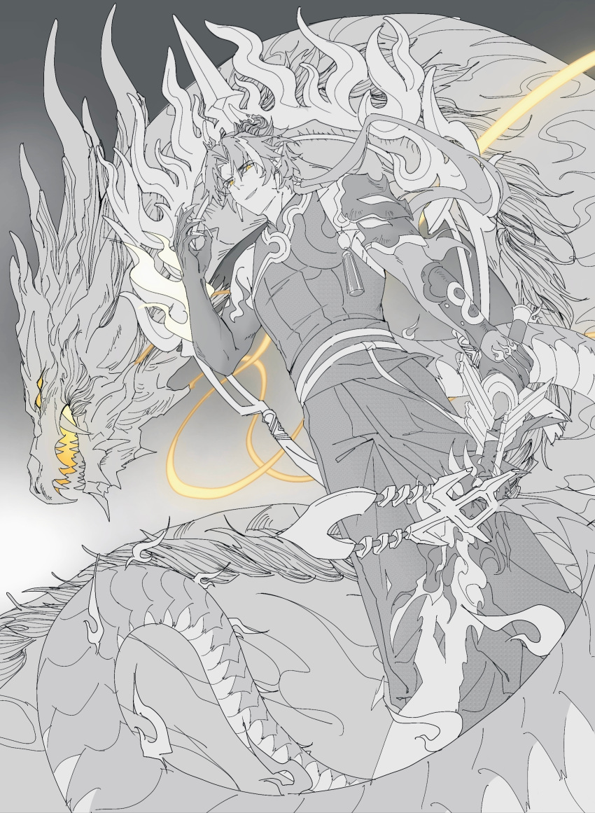 1boy, 1other, absurdres, arknights, arm_armor, arm_at_side, arm_tattoo, belt, black_shirt, chinese_commentary, chongyue_(arknights), claws, commentary_request, compression_shirt, dragon, dutch_angle, earrings, eastern_dragon, evil_smile, facing_ahead, feet_out_of_frame, flame_tattoo, greyscale, hand_up, highres, holding, holding_sword, holding_weapon, horns, jewelry, low_ponytail, male_focus, monochrome, pants, parted_bangs, ponytail, shirt, shuo's_husk_(arknights), single_shoulder_pad, smile, solo, spot_color, sword, tail, tattoo, very_long_tail, weapon, xiuxiandujieya, yellow_eyes