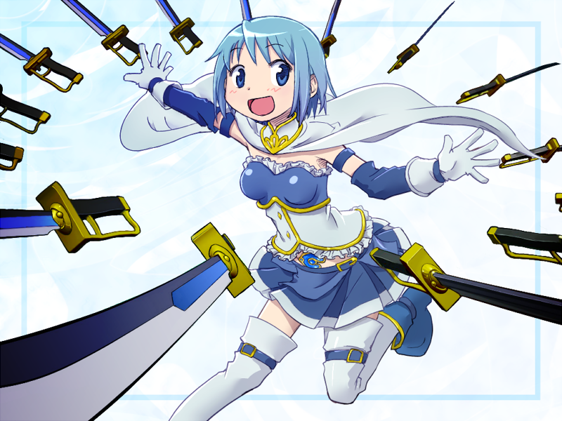 armband, blue_eyes, blue_hair, cape, gloves, magical_girl, mahou_shoujo_madoka_magica, miki_sayaka