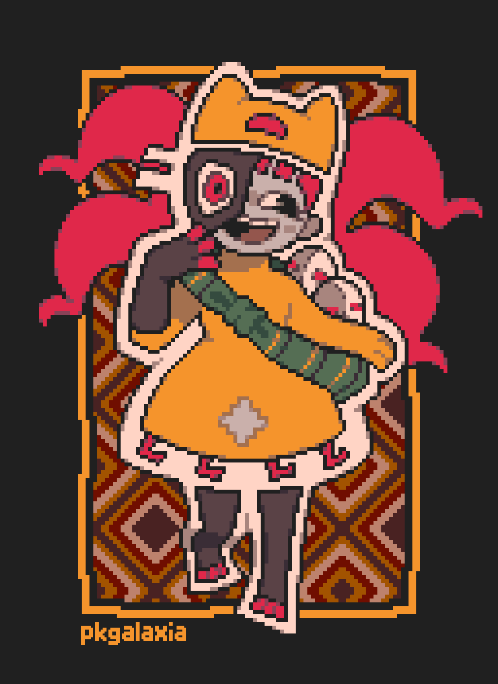 1girl, 2others, animal_hat, aztec_glyphs, black_eyes, blunt_bangs, cat_hat, colored_skin