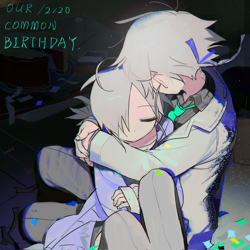 1boy, 1girl, ahoge, birthday_cake, black_pants, black_shirt, braid, brother_and_sister