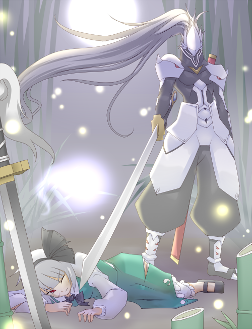 bamboo, blazblue, bloomers, crossover, cuts, ghost, hakumen, hitodama, injury, katana, konpaku_youmu, konpaku_youmu_(ghost), lying, no_socks, on_side, piza_poteto, red_eyes, silver_hair, sword, touhou, weapon, wince, wink