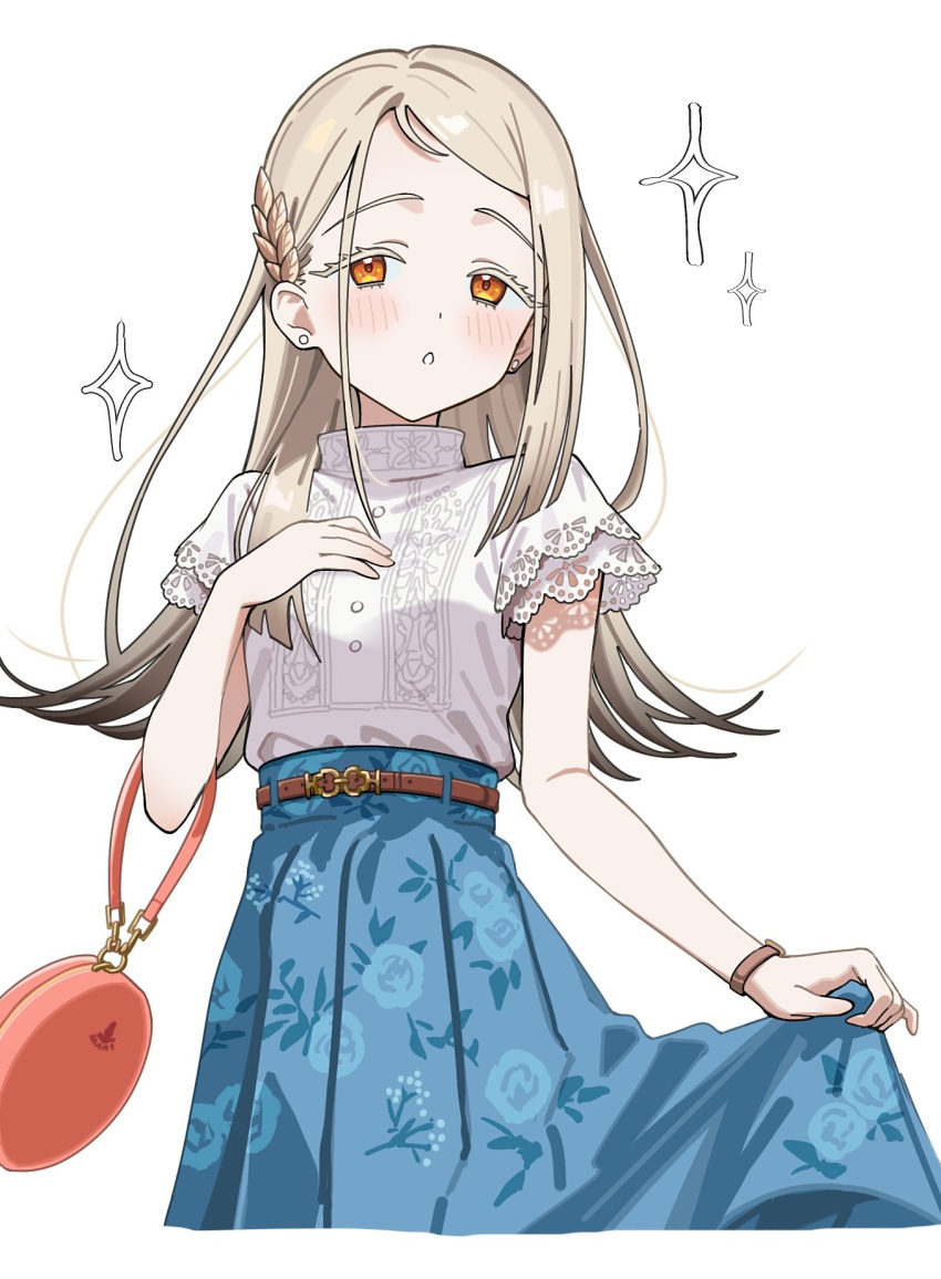 1girl, bag, belt, blonde_hair, blouse, blue_skirt, blush, breasts