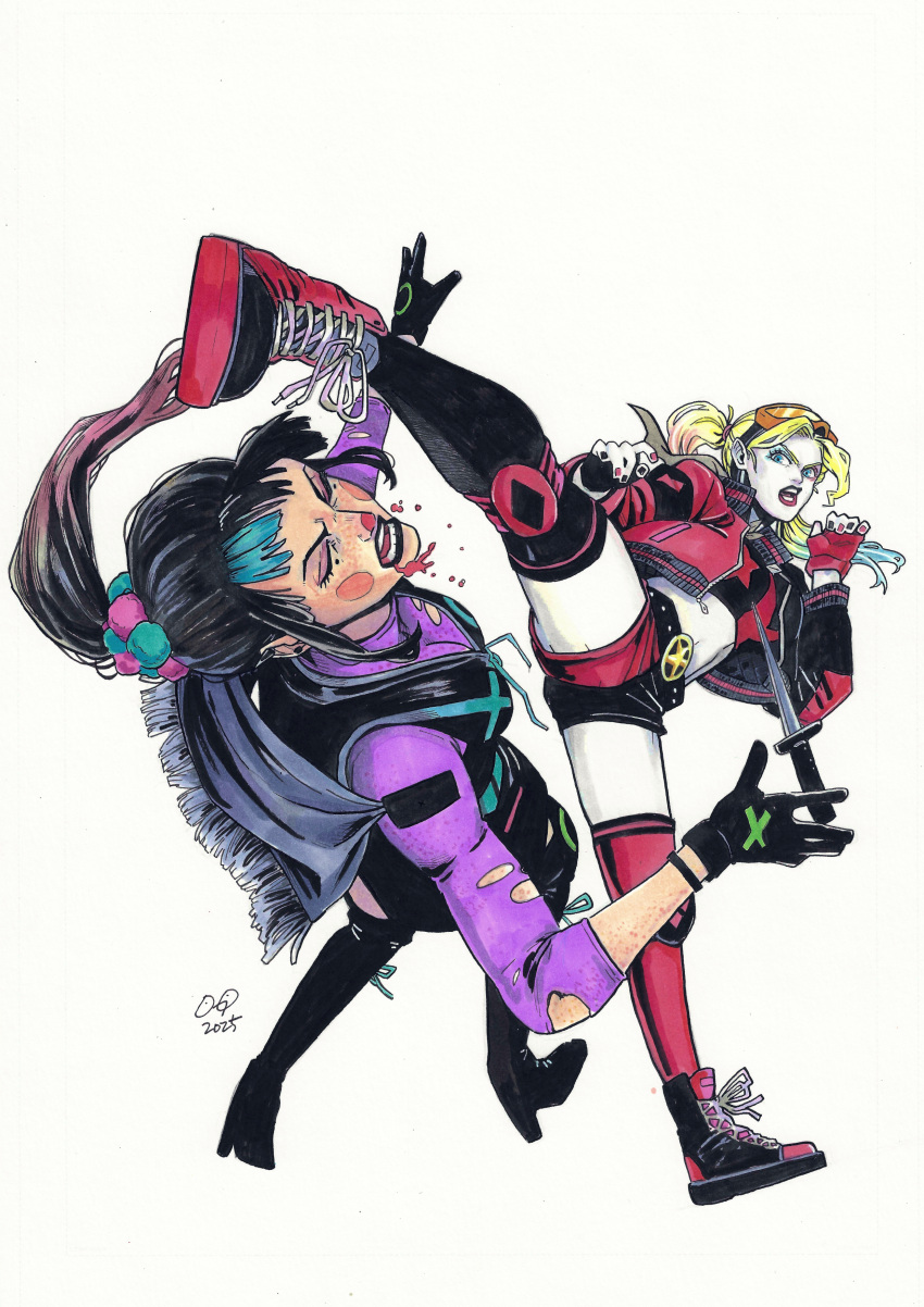2025, 2girls, absurdres, aqua_hair, arm_freckles, asymmetrical_gloves, asymmetrical_legwear, batman_(series)