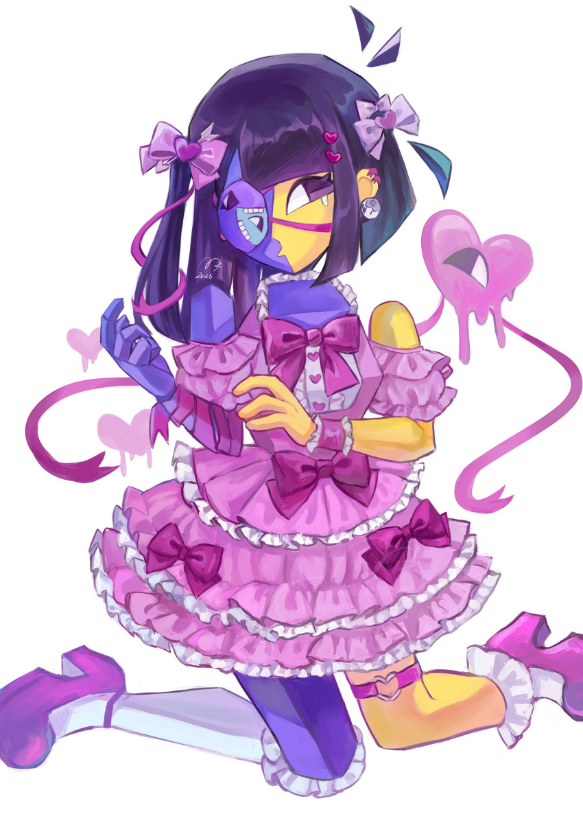 1girl, 2026, arrow_(projectile), asymmetrical_hair, black_eyes, black_hair, bow, bowtie