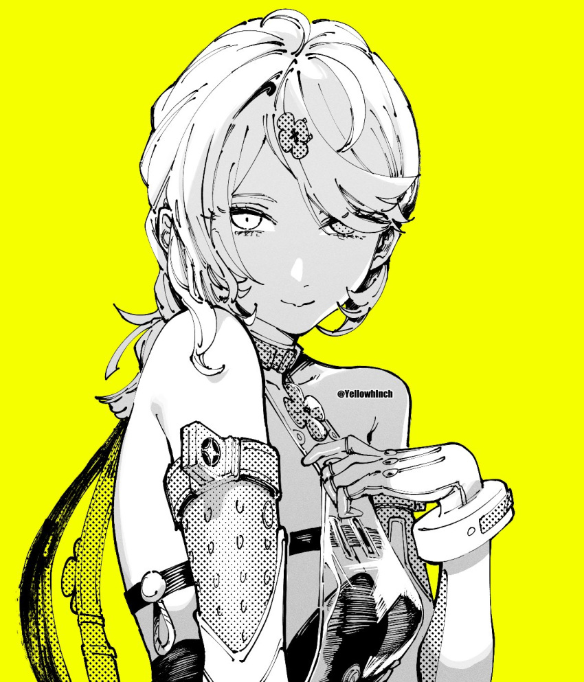 1girl, bare_shoulders, breasts, brown_gloves, closed_mouth, commentary, elbow_gloves, flower