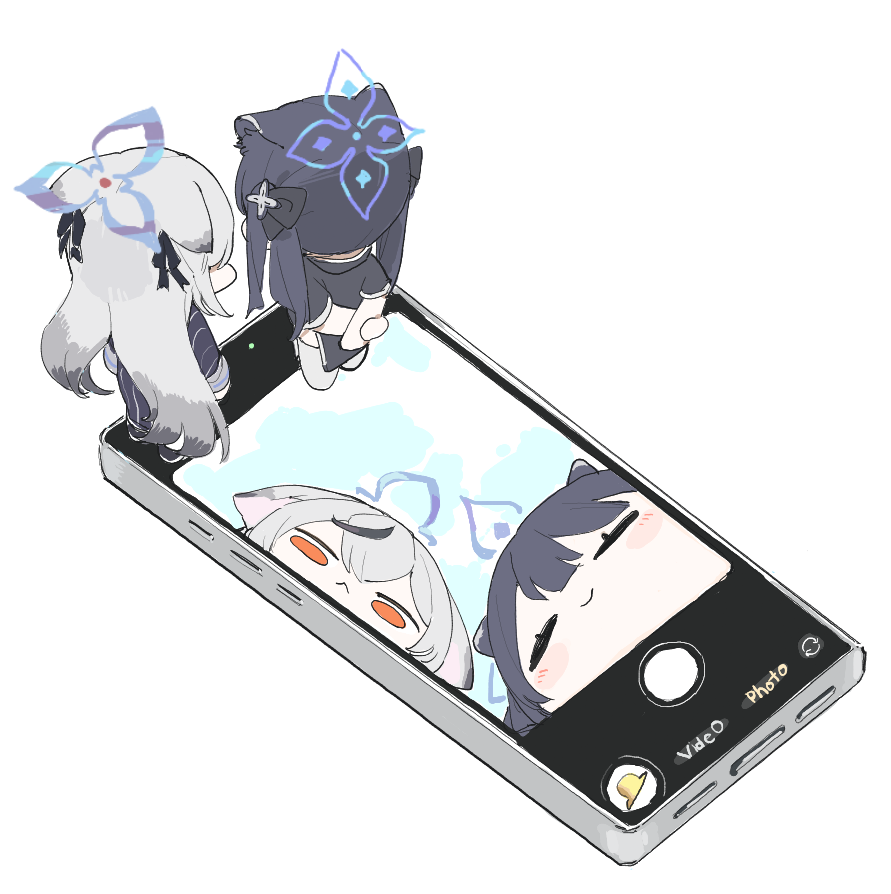 2girls, animal_ears, black_dress, black_hair, blue_archive, blue_halo, blush_stickers, cellphone