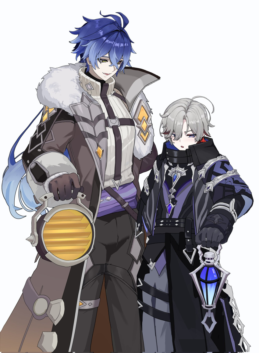 2boys, 339_akano, ahoge, black_gloves, blue_eyes, blue_hair, brown_gloves, coat