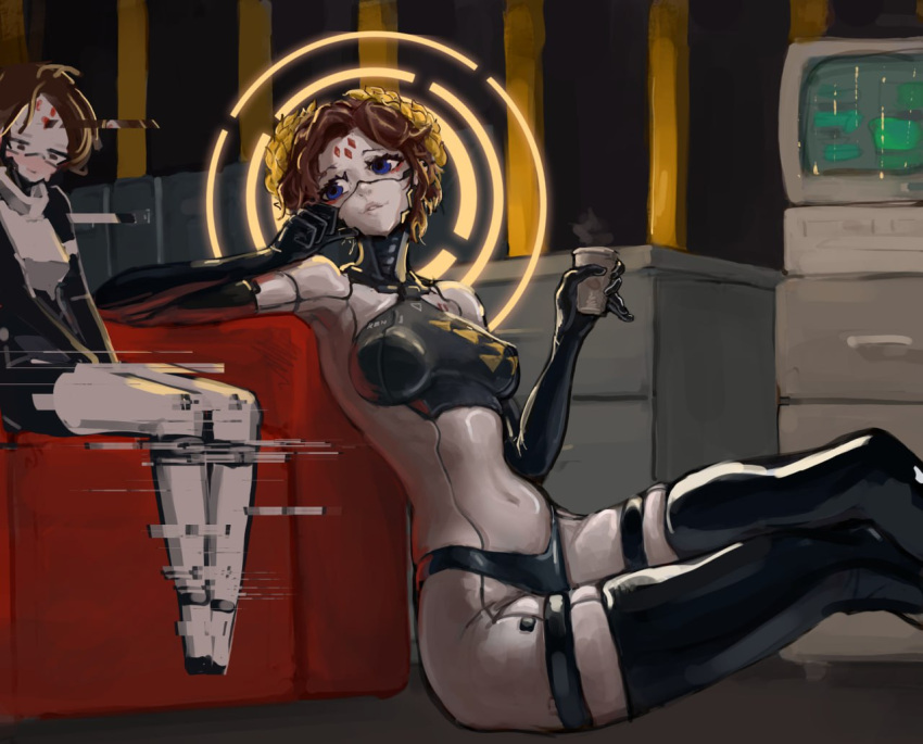 2girls, alternate_hair_color, alternate_hairstyle, android, black_gloves, blue_eyes, blush, bodysuit