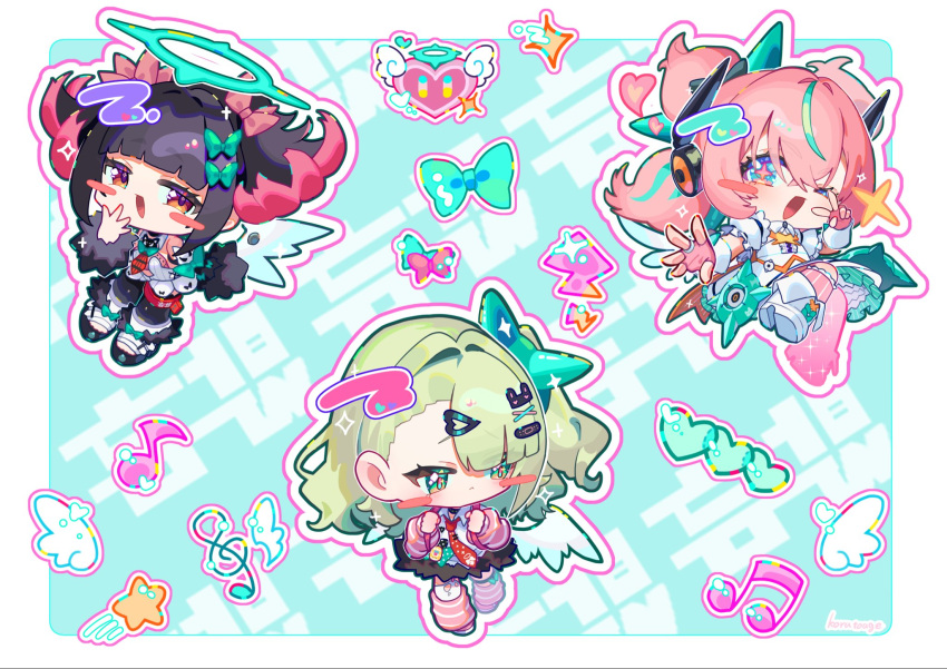 3girls, angels_of_delusion, aqua_hair, aqua_streaks, aria_(zenless_zone_zero), arm_warmers, black_skirt, blue_background