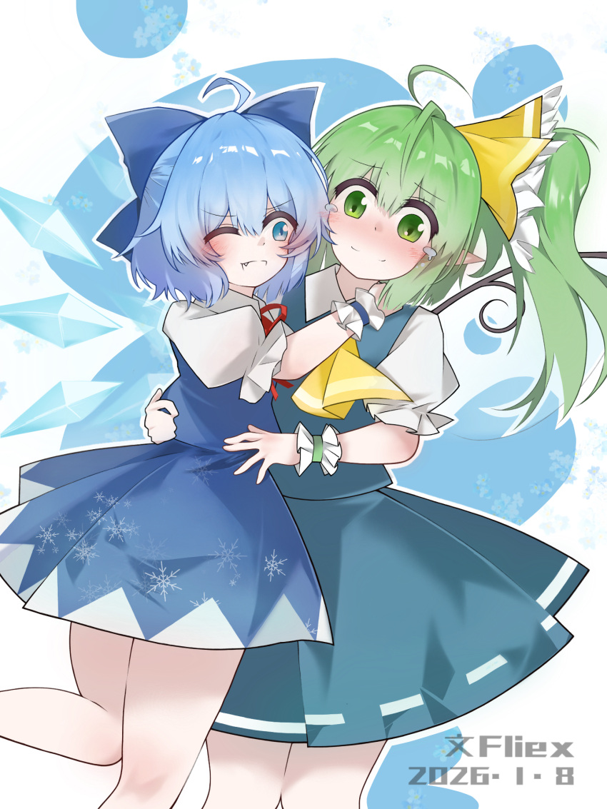 2girls, ahoge, artist_name, ascot, background_request, blue_background, blue_bow, blue_eyes
