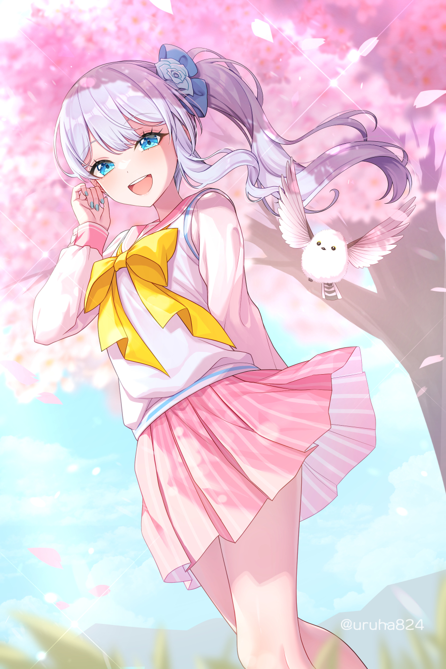 1girl, bird, blue_eyes, blue_sky, bow, cherry_blossoms, commentary_request, commission
