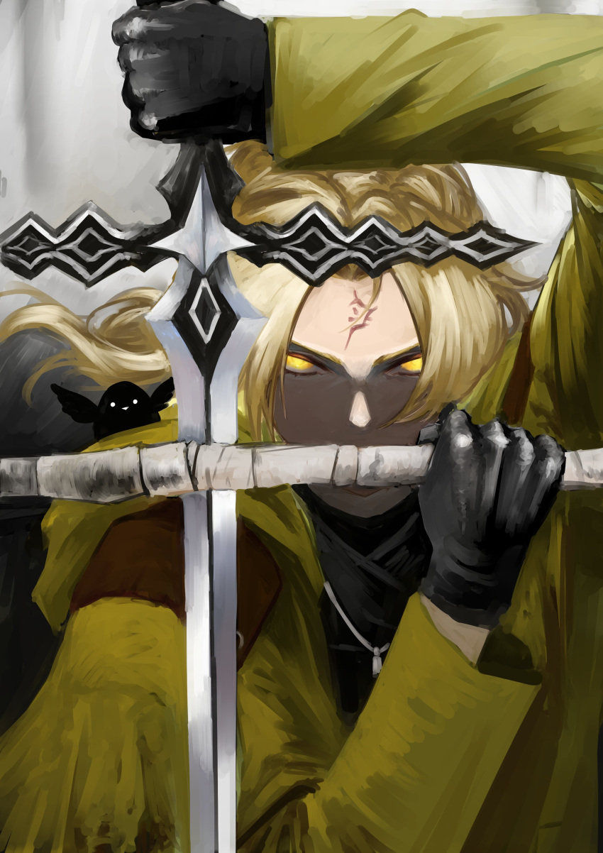 1boy, a_certain_sinclair_(project_moon), absurdres, alexander_anderson's_pose, animal_on_shoulder, bandaged_weapon, bird, bird_on_shoulder