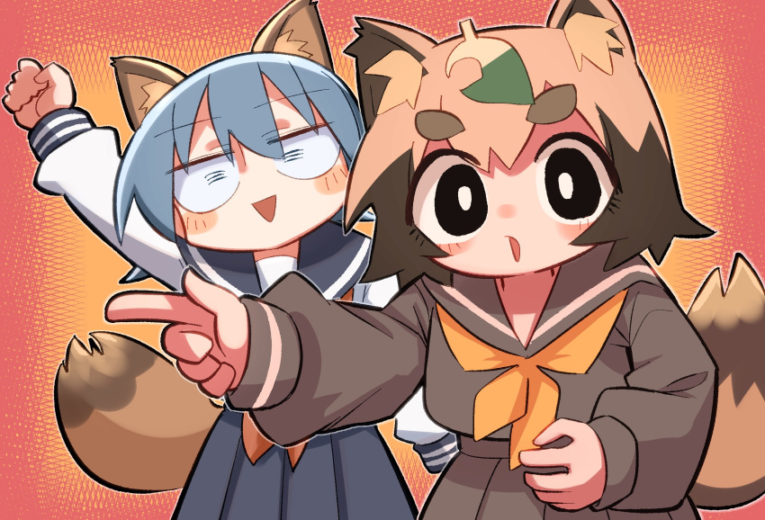 2girls, animal_ears, arm_up, black_eyes, black_sailor_collar, black_serafuku, black_shirt, black_skirt
