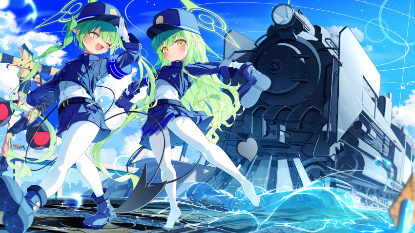 2girls, blue_archive, blue_boots, blue_hat, blue_jacket, blue_shorts, blue_skirt, blush