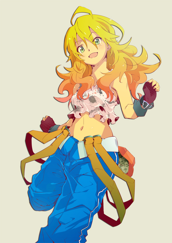 ahoge, black_gloves, blonde_hair, fingerless_gloves, gloves, gradient_hair, green_eyes, hat
