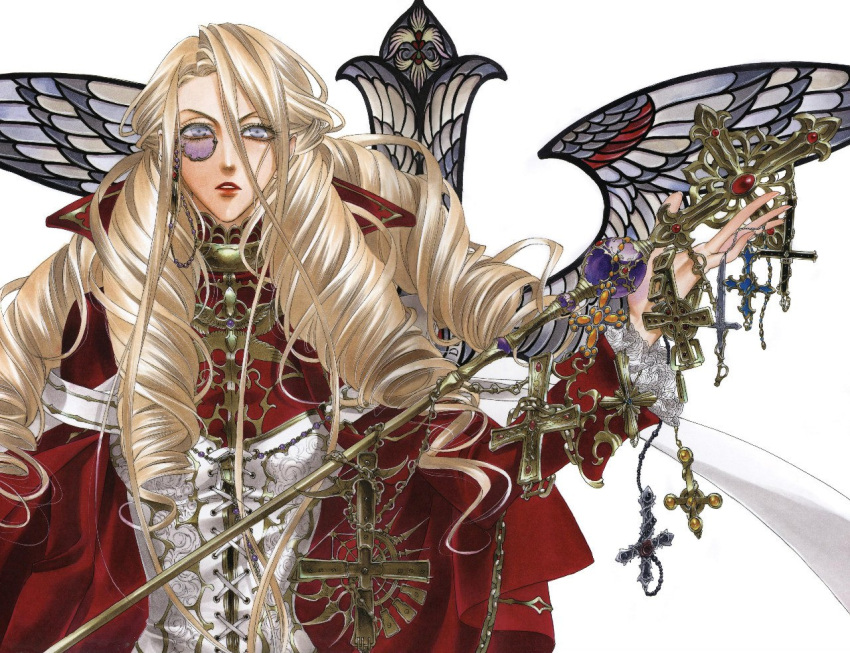 blonde_hair, cardinal, caterina_sforza_(trinity_blood), corset, cross, curly_hair, dress, grey_hair