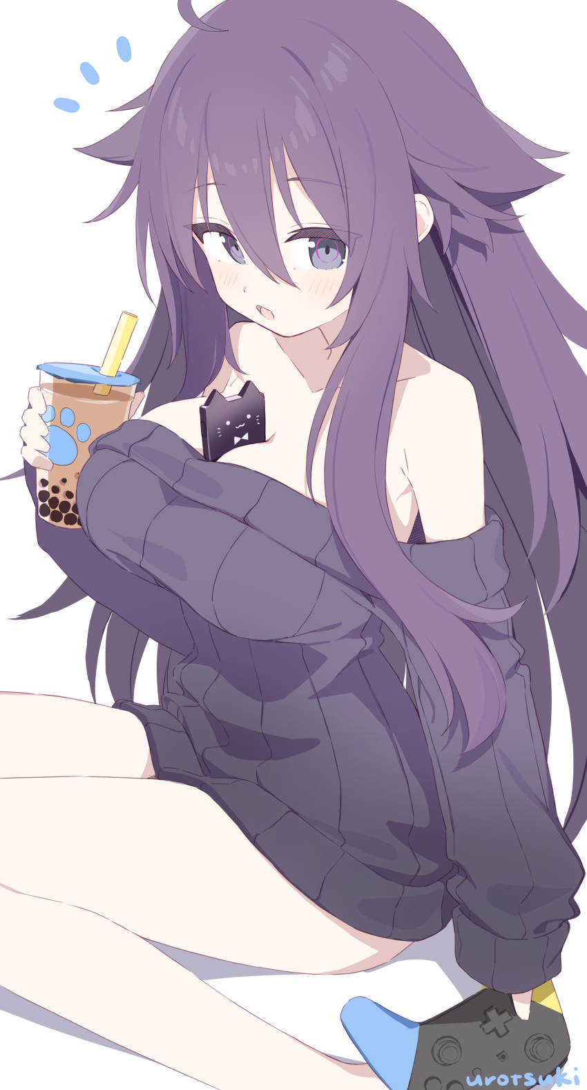 1girl, absurdres, artist_name, breasts, cellphone, commentary_request, controller, game_controller