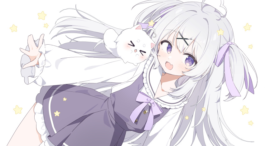 >_<, 1girl, :d, ahoge, animal, blush, bow, bowtie