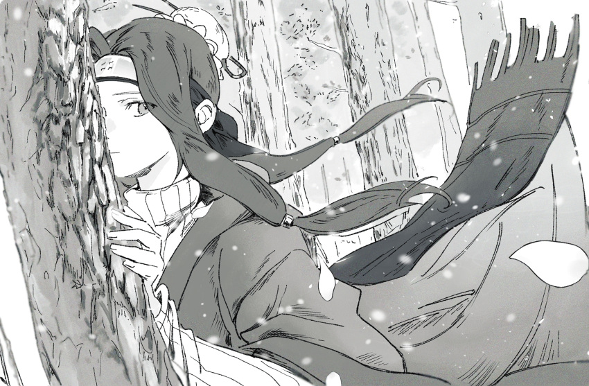 1boy, against_tree, androgynous, behind_tree, bun_cover, closed_mouth, english_commentary, forehead_protector, forest, greyscale, haku_(naruto), highres, inel-ens, japanese_clothes, kimono, kirigakure_symbol, long_hair, long_sleeves, monochrome, naruto_(classic), naruto_(series), nature, outdoors, petals, scarf, sidelocks, solo, sweater, trap, tree, wind