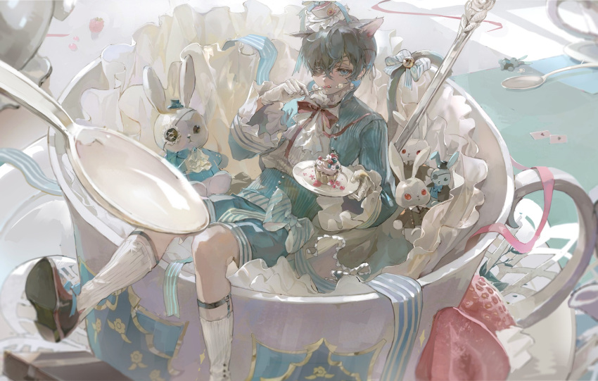 1boy, absurdres, alternate_costume, animal_ears, ascot, blue_eyes, blue_hair, blue_jacket