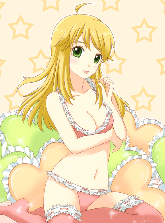 ahoge, blonde_hair, blush, bra, dk, green_eyes, hoshii_miki, idolmaster