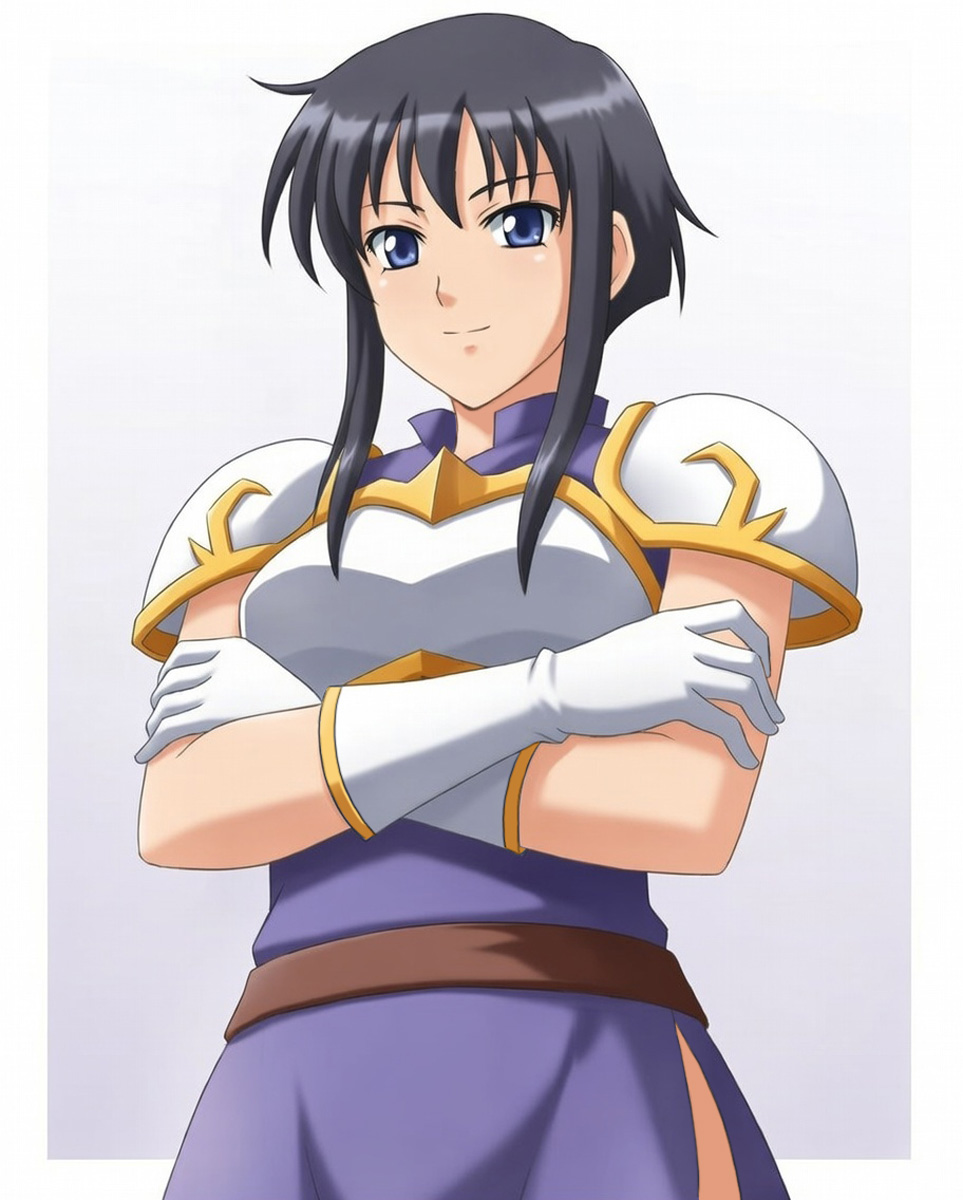 1girl, armor, belt, black_hair, breastplate, breasts, commentary_request, crossed_arms