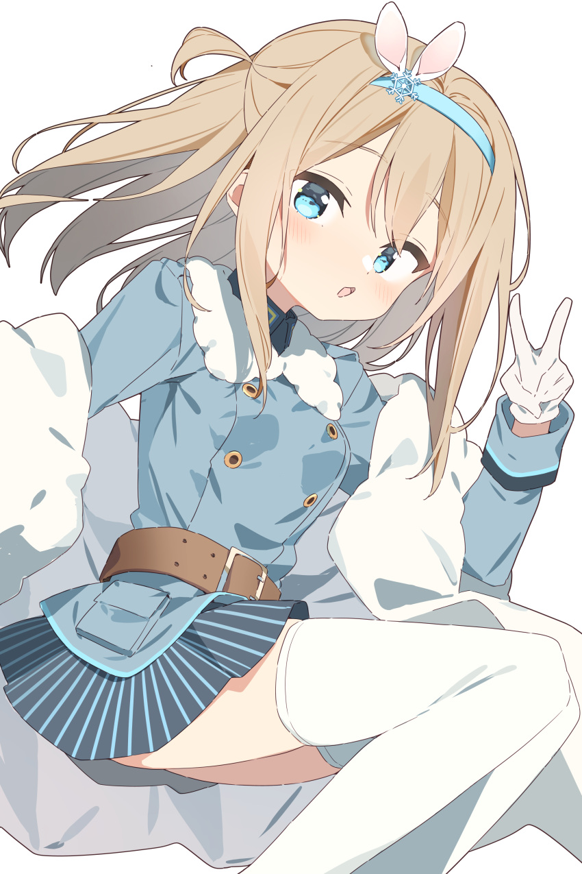 1girl, :o, absurdres, belt, blonde_hair, blue_eyes, blue_hairband, blue_shirt