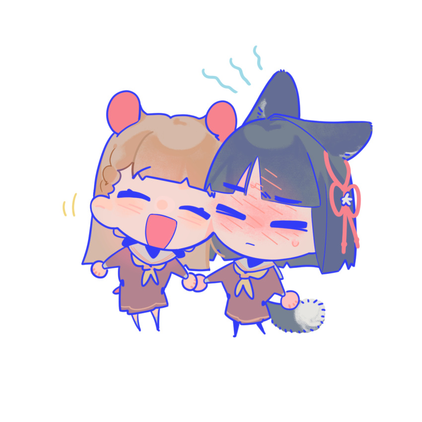 2girls, :d, ^_^, animal_ears, blush, braid, brown_dress, brown_hair
