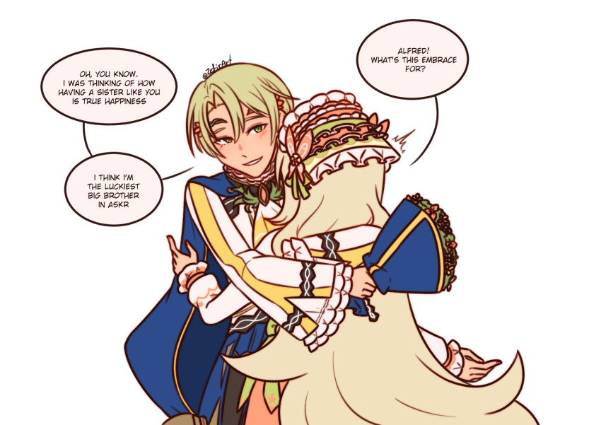 1boy, 1girl, alfred_(fire_emblem), blonde_hair, bouquet, brother_and_sister, butterfly_hat_ornament, celine_(fire_emblem)