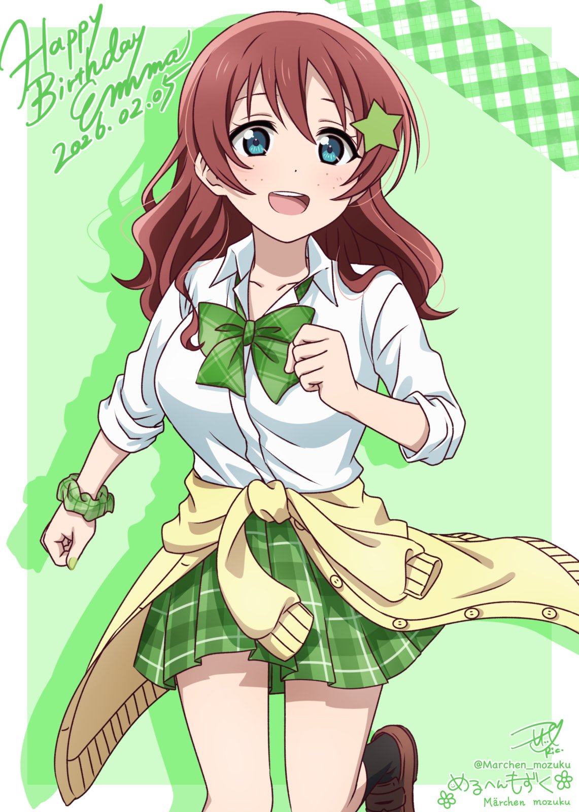 1girl, black_socks, blue_hair, border, bow, bowtie, breasts, brown_shoes, cardigan, cardigan_around_waist, clothes_around_waist, dated, emma_verde, freckles, green_bow, green_bowtie, green_skirt, hair_ornament, happy_birthday, highres, large_breasts, loafers, long_sleeves, looking_at_viewer, loose_bowtie, love_live!, love_live!_nijigasaki_high_school_idol_club, official_alternate_costume, official_alternate_hairstyle, penny_loafers, plaid_bow, plaid_bowtie, plaid_clothes, plaid_skirt, pleated_skirt, red_hair, ric._(marchen_mozuku), school_uniform, shirt, shoes, signature, skirt, socks, solo, star_(symbol), star_hair_ornament, upper_body, white_border, white_shirt, yellow_cardigan