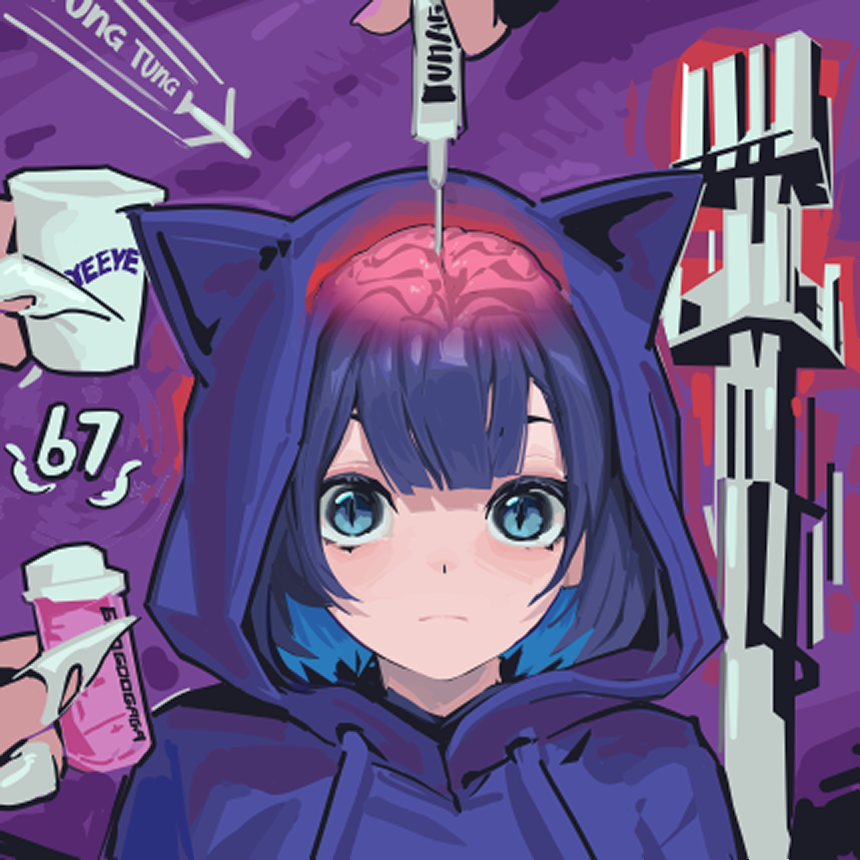 67_(meme), animal_ear_hood, blue_eyes, blue_hoodie, brain, cellphone_tower_radiation_effects_(meme), cellular_tower, claw_ring