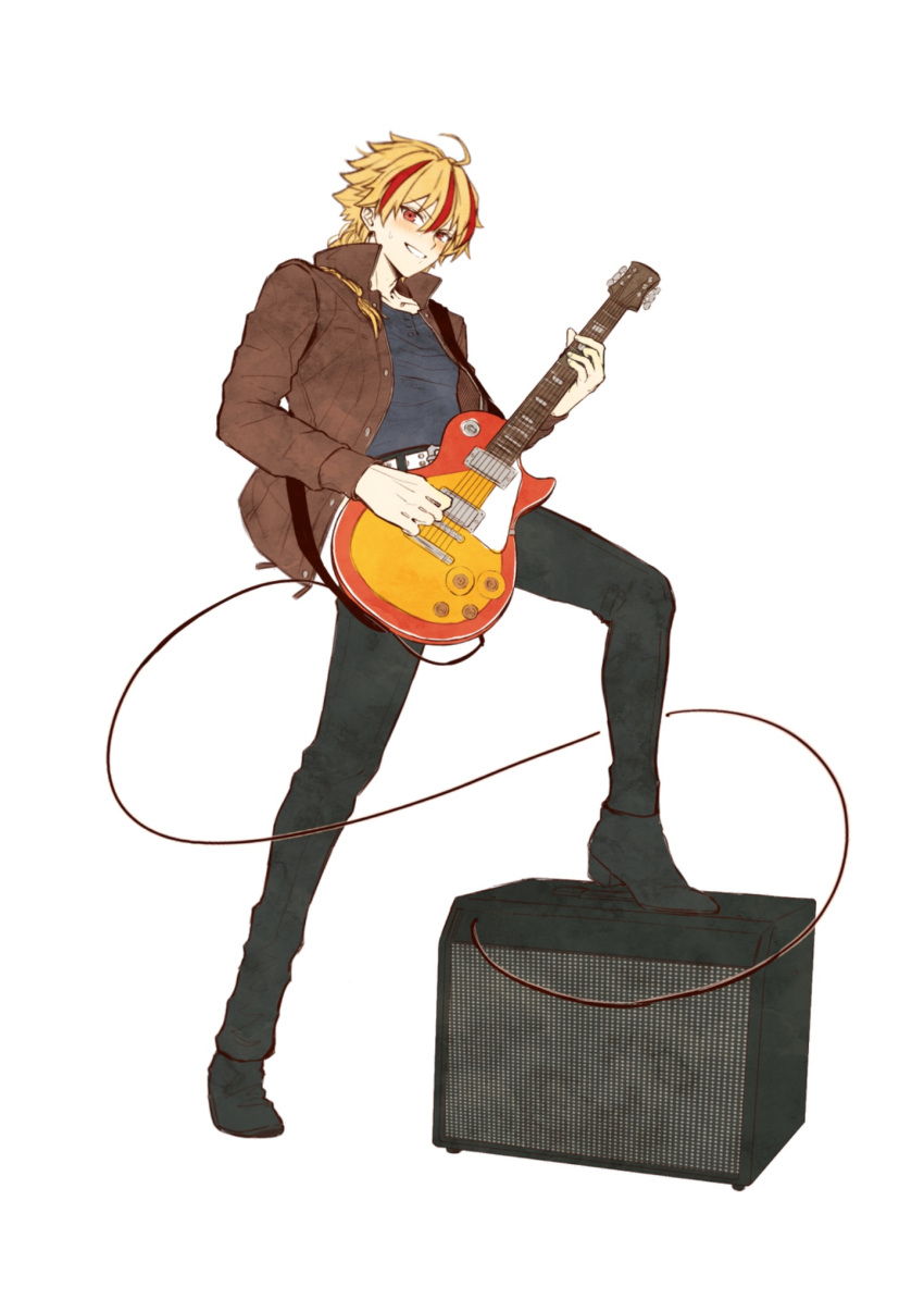 1boy, amplifier, black_pants, black_shirt, black_shoes, blonde_hair, braid, brown_jacket