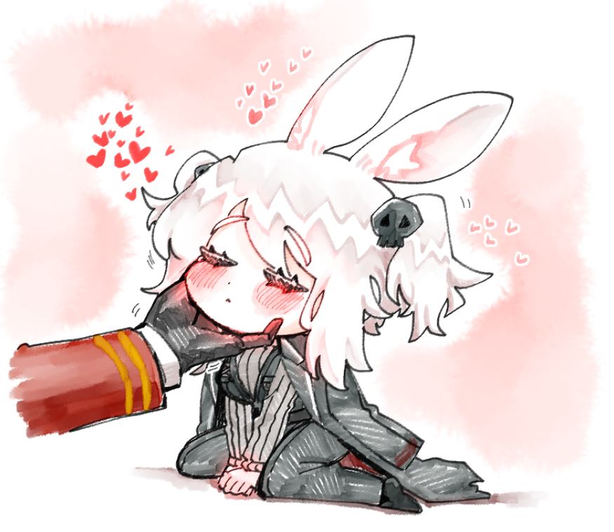 1girl, :<, animal_ears, between_legs, black_coat, black_gloves, black_pants, black_shoes, black_vest, blush, breasts, brown_sweater, chibi, chibi_only, closed_eyes, coat, coat_on_shoulders, commentary, dante_(limbus_company), double-parted_bangs, english_commentary, faust_(project_moon), gloves, hair_ornament, hand_between_legs, hand_on_another's_chin, hashtag-only_commentary, heart, kemonomimi_mode, lapels, limbus_company, long_sleeves, loving_aura, medium_breasts, notched_lapels, open_clothes, open_coat, out_of_frame, own_hands_together, pants, pink_background, project_moon, rabbit_ears, shoes, short_hair, sidelocks, sitting, skull_hair_ornament, stroking_another's_chin, sweater, two_side_up, udiedguy, vest, wariza, white_hair