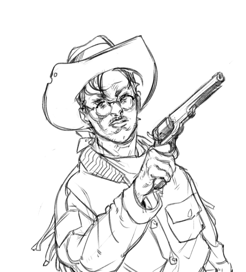 1boy, absurdres, alternate_costume, antique_firearm, beard_stubble, cowboy, cowboy_hat, disco_elysium, facial_hair, firelock, flintlock, glasses, greyscale, gun, handgun, hat, highres, holding, holding_gun, holding_weapon, jacket, kim_kitsuragi, looking_at_viewer, male_focus, monochrome, scarf, serious, solo, stubble, thatuglymeme, upper_body, weapon