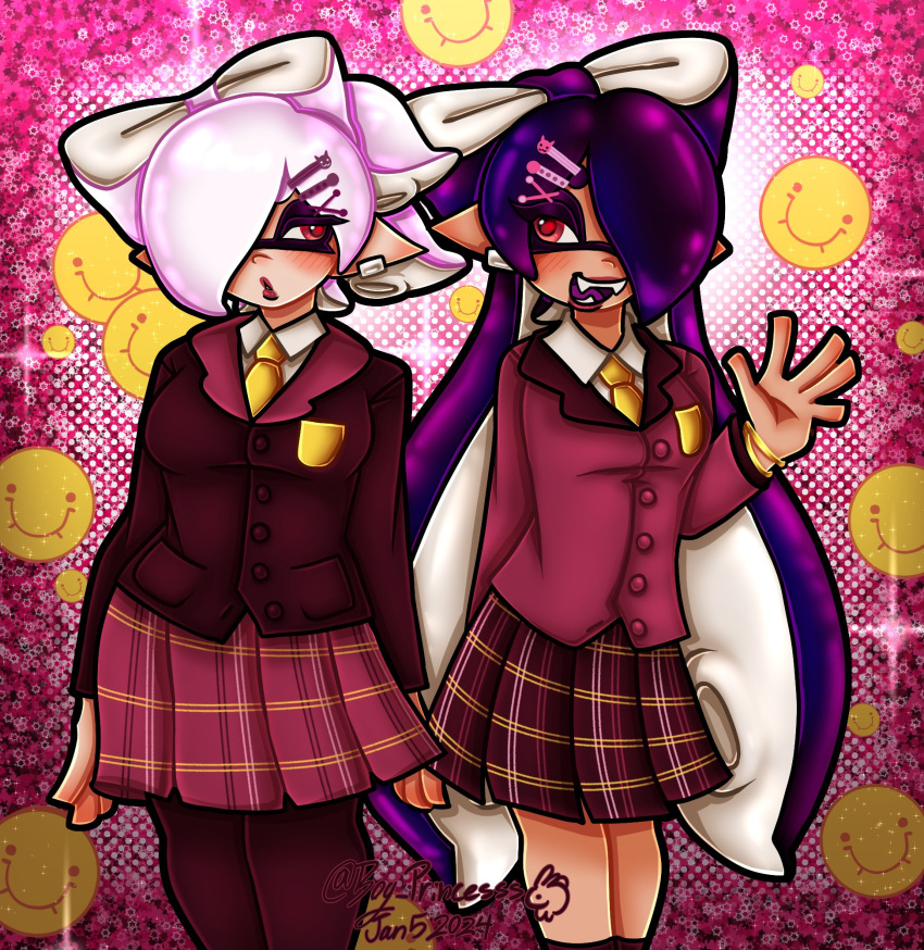 black_hair, boy_princesss, brittany_biskit, brittany_biskit_(cosplay), callie_(splatoon), cosplay, cousins, emoji, highres, inkling, leg_tattoo, littlest_pet_shop, littlest_pet_shop_(2012), looking_at_another, marie_(splatoon), pink_background, red_eyes, school_uniform, signature, smile, splatoon_(series), tattoo, waving, white_hair, whittany_biskit, whittany_biskit_(cosplay)