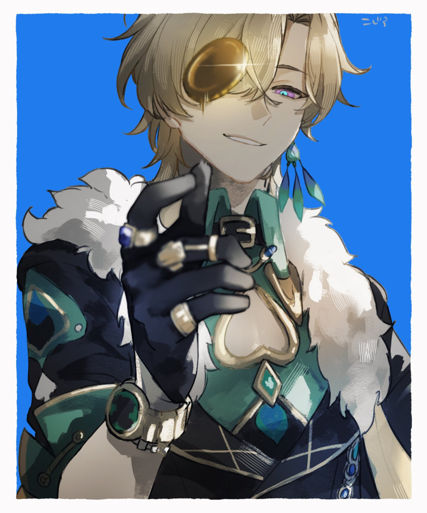 1boy, aventurine_(honkai:_star_rail), black_gloves, black_jacket, blonde_hair, blue_background, border, cleavage_cutout