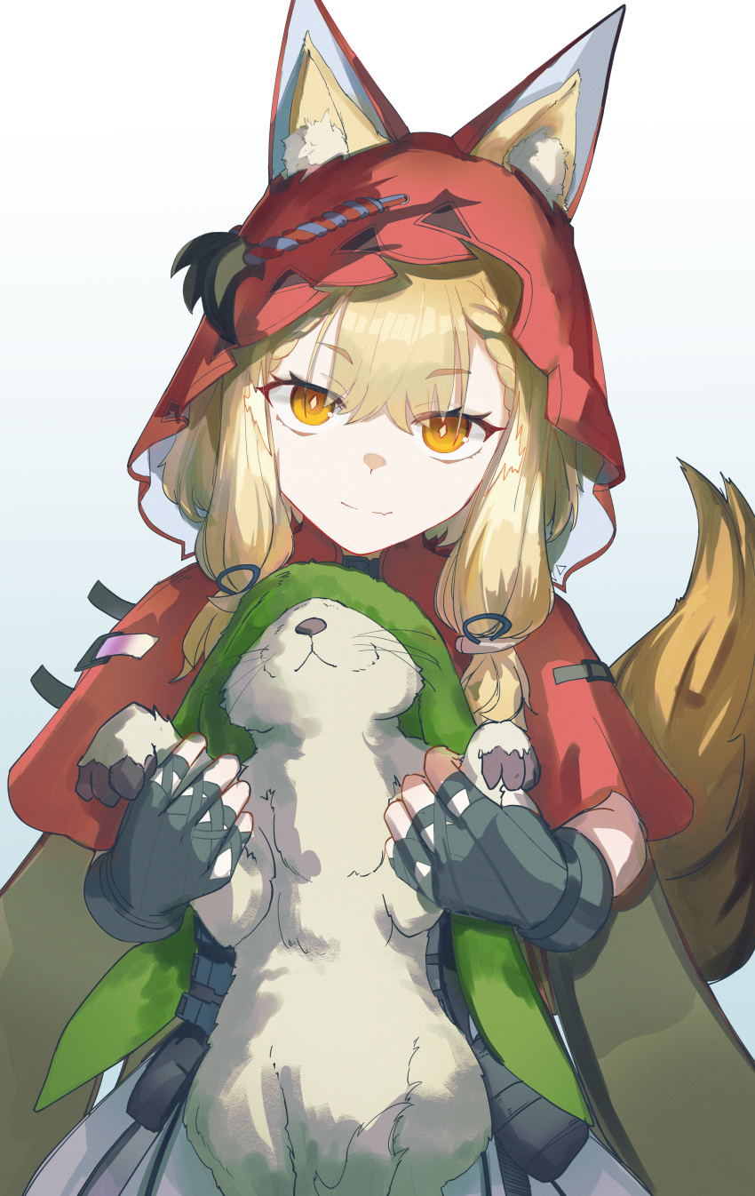 1girl, absurdres, animal, animal_ear_fluff, animal_ears, arknights, arknights:_endfield, black_gloves, cape, chinese_commentary, closed_mouth, commentary_request, gloves, highres, hood, hooded_cape, looking_at_viewer, mizuhashi_parusui, orange_eyes, rabbit, red_cape, rossi_(arknights), simple_background, tail, white_background, wolf_ears, wolf_girl, wolf_tail