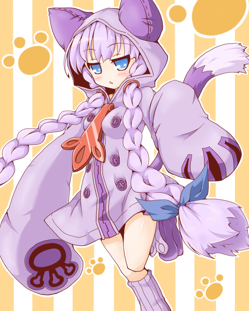 blazblue, blue_eyes, blush, bow, braid, cat_tail, cosplay, hair_ribbon