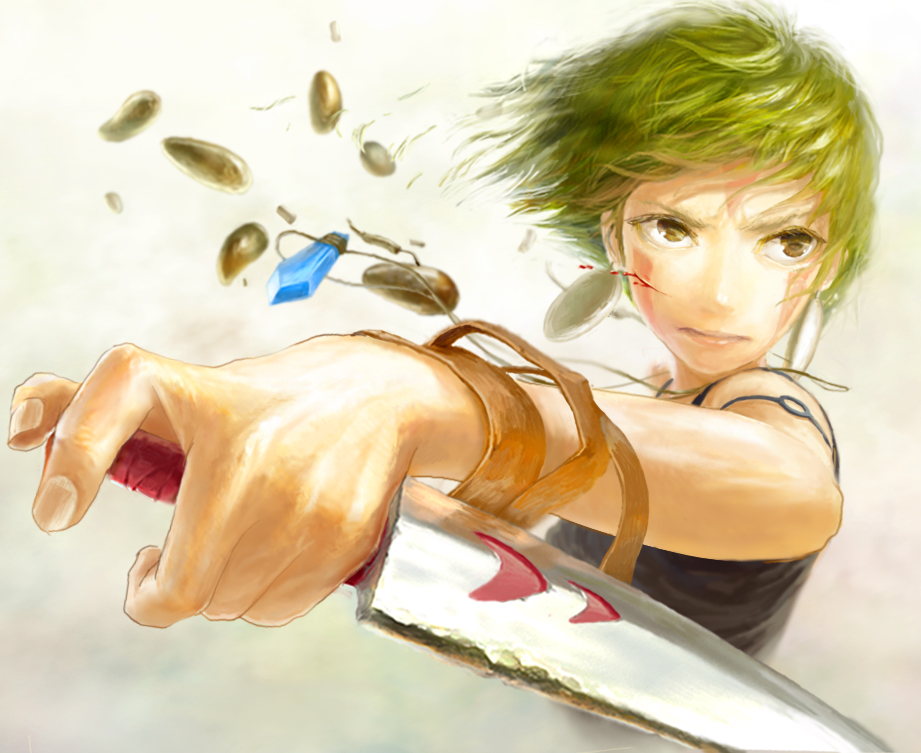 brown_eyes, earrings, facepaint, foreshortening, green_hair, injury, jewelry, kaiko_(gami770)