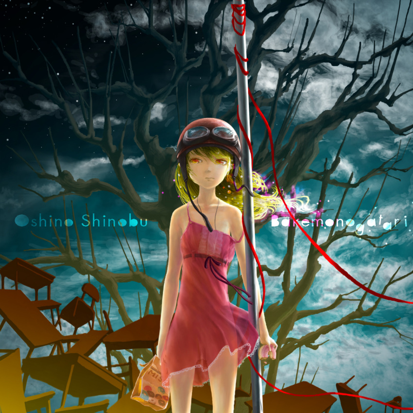 bakemonogatari, bare_tree, blonde_hair, chair, doughnut, dress, goggles, goggles_on_head