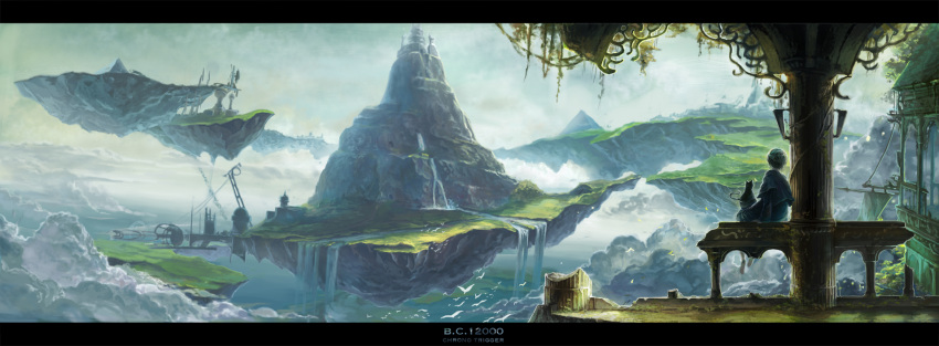 bird, cat, chrono_trigger, cloud, duplicate, floating_island, highres, janus_zeal, kaiko_(gami770), letterboxed, mountain, scenery, sitting, sky, solo, water, waterfall