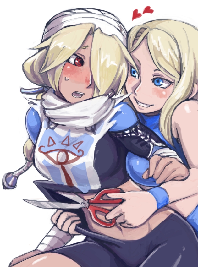 blonde_hair, blue_eyes, blush, goma_tonbi, grin, long_hair, metroid, multiple_girls