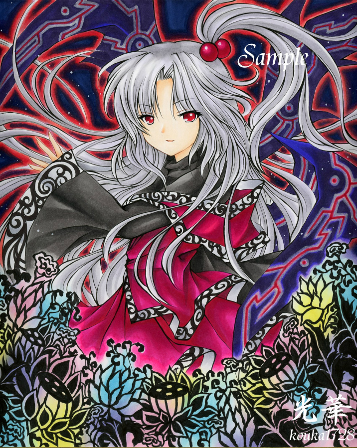 chirori, flower, goddess, grey_hair, hair_bobbles, hair_ornament, long_hair, marker_(medium)