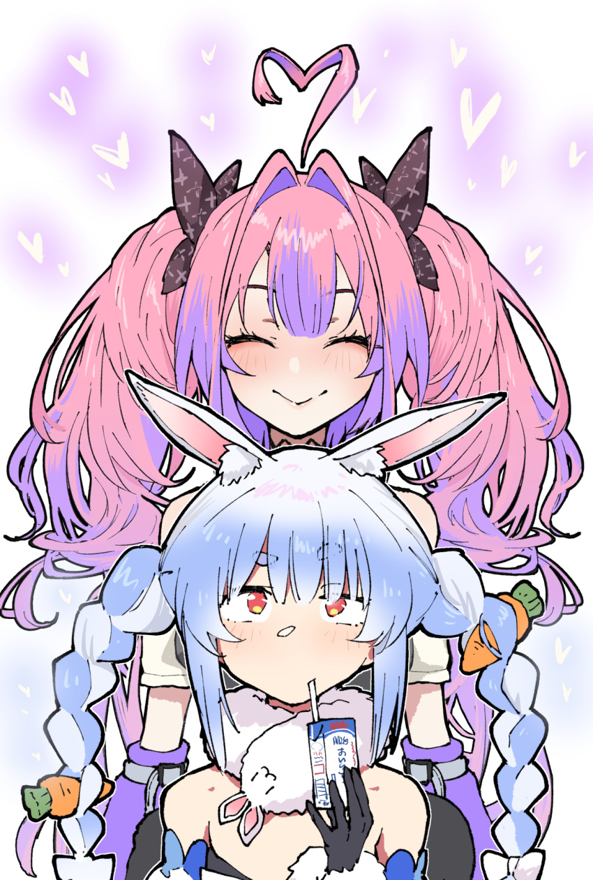 2girls, ahoge, animal_ear_fluff, animal_ears, arm_warmers, black_bow, black_gloves, blue_hair, blush, bow, braid, braided_twintails, carrot_hair_ornament, center-flap_bangs, closed_eyes, closed_mouth, commentary, don-chan_(usada_pekora), double-parted_bangs, drink_carton, drinking, drinking_straw, expressionless, facing_viewer, food-themed_hair_ornament, fur-trimmed_gloves, fur_trim, gloves, hair_bow, hair_intakes, hair_ornament, heart, heart_ahoge, henriiku_(ahemaru), highres, hololive, hololive_dev_is, juice_box, kikirara_vivi, kikirara_vivi_(1st_costume), long_hair, looking_at_viewer, multicolored_hair, multiple_girls, off-shoulder_shirt, off_shoulder, orange_eyes, pink_hair, purple_arm_warmers, purple_hair, rabbit_ears, shirt, short_eyebrows, simple_background, smile, streaked_hair, thick_eyebrows, twin_braids, twintails, two-tone_hair, upper_body, usada_pekora, usada_pekora_(1st_costume), virtual_youtuber, white_background, white_hair, white_shirt